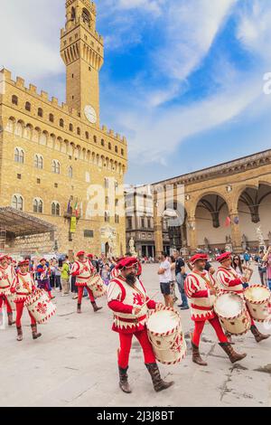 Participants in Calcio Storico Fiorentino festival on parade, Piazza della Signoria, Florence, Tuscany, Italy Stock Photo