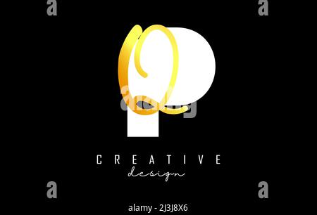 Golden Letters PQ logo with a minimalist design. Letters P and Q with geometric and handwritten typography. Creative Vector Illustration with letters. Stock Vector
