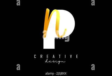 Golden Letters PN logo with a minimalist design. Letters P and N with geometric and handwritten typography. Creative Vector Illustration with letters. Stock Vector
