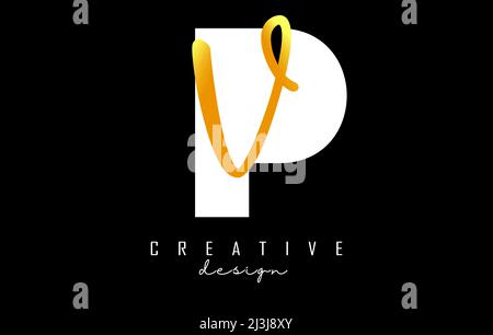 Golden Letters PV logo with a minimalist design. Letters P and V with geometric and handwritten typography. Creative Vector Illustration with letters. Stock Vector
