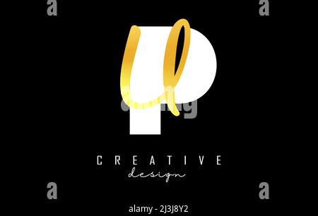 Golden Letters PU logo with a minimalist design. Letters P and U with geometric and handwritten typography. Creative Vector Illustration with letters. Stock Vector