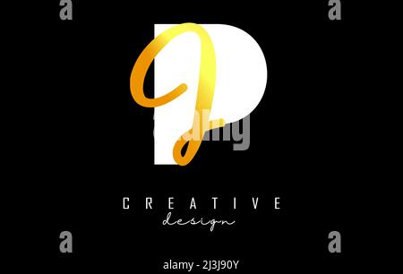 Golden Letters PJ logo with a minimalist design. Letters P and J with geometric and handwritten typography. Creative Vector Illustration with letters. Stock Vector