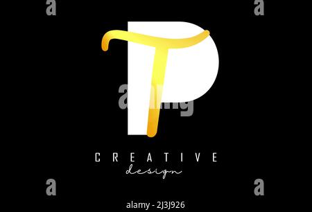 Golden Letters PT logo with a minimalist design. Letters P and T with geometric and handwritten typography. Creative Vector Illustration with letters. Stock Vector