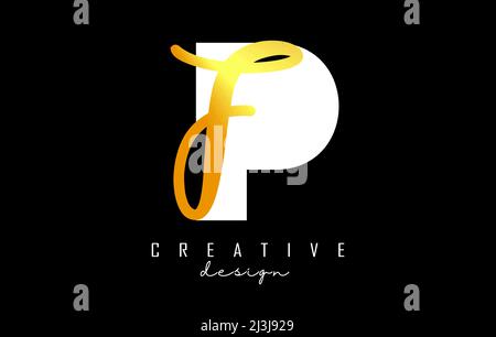 Golden Letters PF logo with a minimalist design. Letters P and F with geometric and handwritten typography. Creative Vector Illustration with letters. Stock Vector