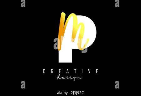 Golden Letters PM logo with a minimalist design. Letters P and M with geometric and handwritten typography. Creative Vector Illustration with letters. Stock Vector