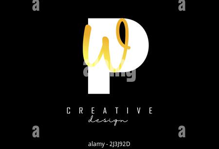 Golden Letters PW logo with a minimalist design. Letters P and W with geometric and handwritten typography. Creative Vector Illustration with letters. Stock Vector