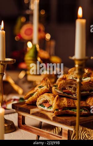 Table setting for romantic dinner in restaurant. Stock Photo