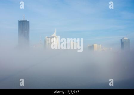 Vienna, fog on river Neue Donau (New Danube), DC Tower 1, Donauturm (Danube Tower), high-rise 'Hochhaus Neue Donau', UN building, IZD Tower (from left to right), in district 22. Donaustadt, Austria Stock Photo