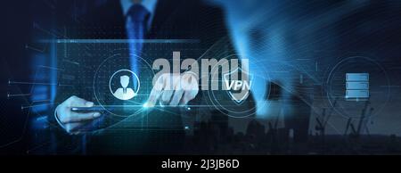 Businessman using Virtual Private Network technology on digital tablet computer encrypted tunnel to remote server on internet to protect data privacy Stock Photo