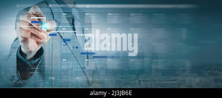 Businessman hand Project manager working and update tasks with milestones progress planning and Gantt chart scheduling virtual diagram. Stock Photo