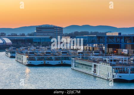 Vienna, port Freudenau, cruise ships during winter time in 02. district Leopoldstadt, Austria Stock Photo