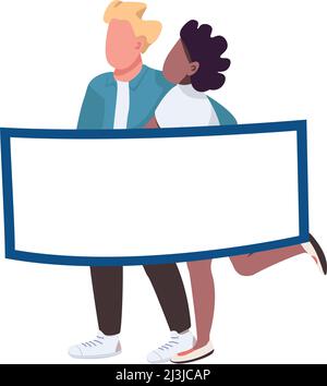 Happy young couple with blank poster semi flat color vector characters Stock Vector