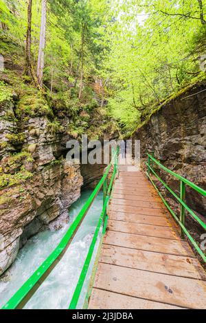 A person walks over a wooden footbridge through Breitachklamm gorge Stock Photo