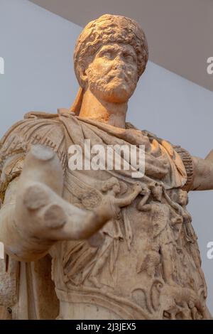 Marble statue of emperor Hadrian (117-138 CE), Olympia Archaeological Museum, in ancient Olympia, Greece, Europe. Stock Photo