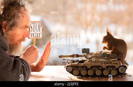Red Squirrels with a tank and a man with stop the war sign Stock Photo