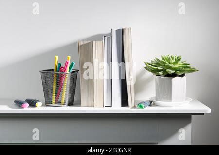 Echeveria in geometric pot, stack of books, pens in a pencil holder, felt-tip pens, are on shelf. Place for text Stock Photo