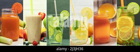 Collage of photos with juices and drinks. Conceptual image - juice from fresh fruits and vegetables in a glass Stock Photo