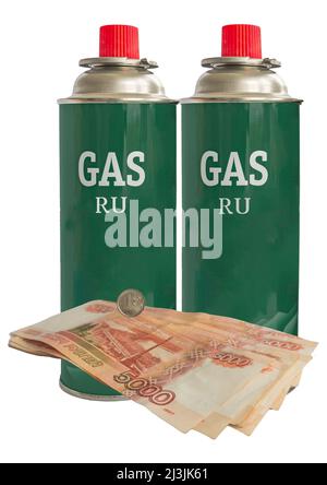 Russian paper bills and a one ruble coin on the background of gas cylinders Stock Photo