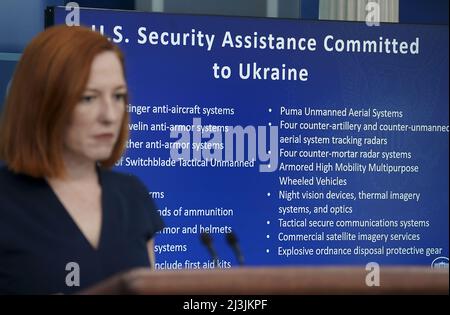 Washington DC, USA. 08th Apr, 2022. White House Press Secretary Jen Psaki speaks during a press briefing in the James S. Brady Press Briefing Room at the White House in Washington, DC on Thursday, April 8, 2022. Press Secretary Psaki spoke about U.S. security assistance committed to Ukraine. Photo by Leigh Vogel/UPI . Credit: UPI/Alamy Live News Stock Photo