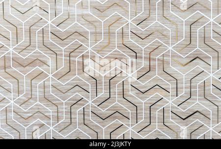 Ceramic tiles with wooden texture and white abstract lines. Stock Photo