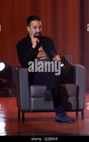 New York, NY, USA. 8th Apr, 2022. Lin-Manuel Miranda at the Latin Grammy In The Schools program event to benefit the George Washington Educational Campus in New York City with a donation of musical instruments valued at $40,000 on April 8, 2022. Credit: Media Punch/Alamy Live News Stock Photo