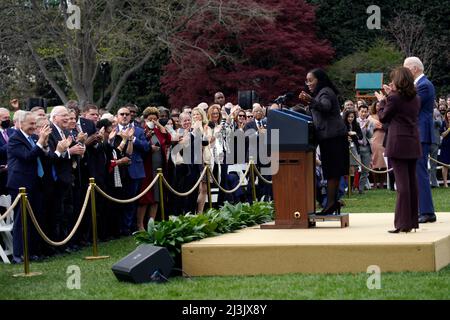 Washington DC, USA. 08th Apr, 2022. Guests greet confirmed Associate Supreme Court Justice Ketanji Brown Jackson as she speaks during a ceremony to celebrate her confirmation on the South Lawn of the White House in Washington on April 8, 2022. Credit: Yuri Gripas/Pool via CNP /MediaPunch Credit: MediaPunch Inc/Alamy Live News Stock Photo