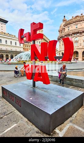 Genoa , Italy - July 7, 2019: City Logo in De Ferrari square in Genoa (Genova ) Stock Photo