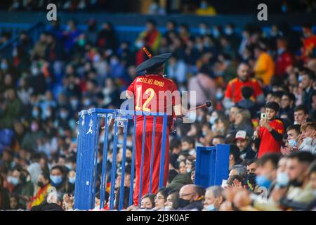 Coruna - Spain: Manolo, el del bombo, 'number 12' for the Spanish national team animates the crowd during Spain's 5-0 victory over iceland March 29, 2 Stock Photo