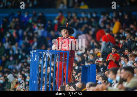 Coruna - Spain: Manolo, el del bombo, 'number 12' for the Spanish national team animates the crowd during Spain's 5-0 victory over iceland March 29, 2 Stock Photo