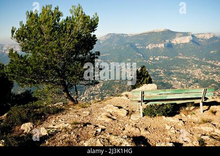 Public bench and panorama from Mont Faron near Toulon, Var, Provence-Alpes-Côte d'Azur, France Stock Photo