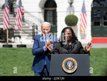 Washington, USA. 8th Apr, 2022. Judge Ketanji Brown Jackson (R) and U.S. President Joe Biden attend an event marking the Senate confirmation of Jackson for the Supreme Court at the South Lawn of the White House in Washington, DC, the United States, on April 8, 2022. The White House held the event Friday afternoon to mark the Senate confirmation of the first African American woman for the Supreme Court. Credit: Liu Jie/Xinhua/Alamy Live News Stock Photo