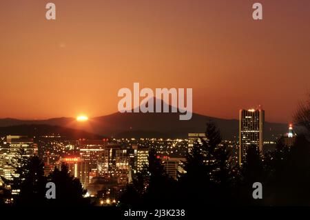 Sunrise over Portland and Mount Hood; Portland, Oregon, United States of America Stock Photo