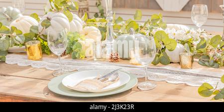 Autumn and Thanksgiving table decoration with white mini pumpkins. Reserved Thanksgiving or Halloween place setting at a farmhouse table set with mini Stock Photo