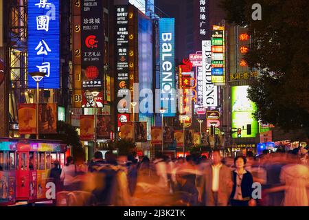 The nightlights of downtown Shanghai, on East Nanjing Road, Shanghai, China.; Huangpu District, Shanghai, China. Stock Photo