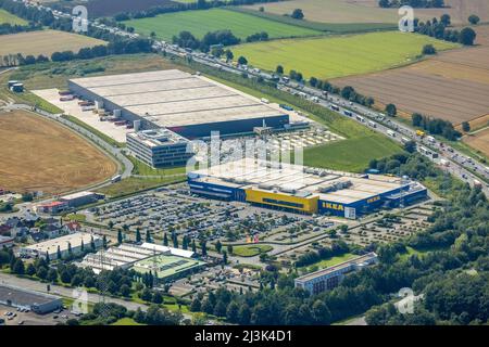 Aerial view, Unna / Kamen industrial estate with Ikea and Woolworth, Südkamen, Kamen, Ruhr area, North Rhine-Westphalia, Germany, DE, Europe, commerci