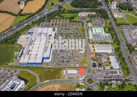 Aerial photograph, Unna / Kamen industrial estate with Ikea, Südkamen, Kamen, Ruhr area, North Rhine-Westphalia, Germany, DE, Europe, commercial enter