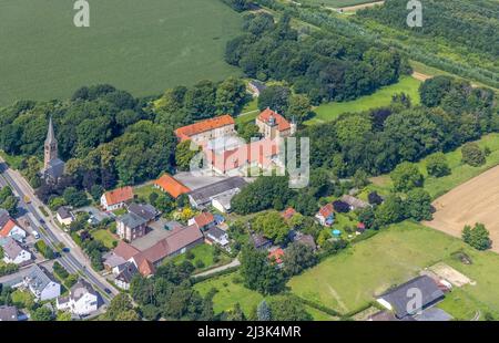 Aerial view, Heeren Castle and Heeren Lutheran Church in Heeren-Werve, Kamen, Ruhr Area, North Rhine-Westphalia, Germany, place of worship, DE, Europe Stock Photo