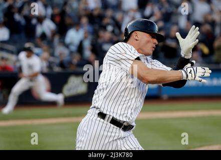 Bronx, USA. 08th Apr, 2022. New York Yankees Josh Donaldson celebrates after hitting the game winning hit in the 11th inning against the Boston Red Sox on opening day at Yankee Stadium on Friday, April 8th, 2022 in New York City. Photo by Peter Foley/UPI Credit: UPI/Alamy Live News Stock Photo