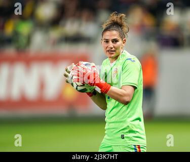 Bucharest, Romania. 08th Apr, 2022. Goalkeepr Andrea Paraluta (1 Romania) holds the ball during the Womens World Cup Qualifier football match between Romania and Switzerland at Stadum Stadionul Arcul de Triumf in Bucharest, Romania. Daniela Porcelli /SPP Credit: SPP Sport Press Photo. /Alamy Live News Stock Photo
