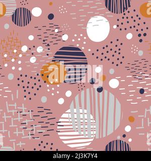 Geometric shapes, dots, lines and rounds elements abstract seamless pattern in minimalism style. Trendy colors. Vector background for social media, ca Stock Vector