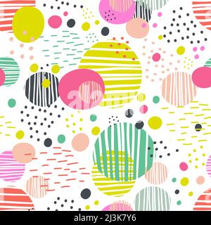 Abstract seamless pattern with rounds elements, dots and lines. Trendy colors. Vector background. Modern abstract design for social media, cards, post Stock Vector
