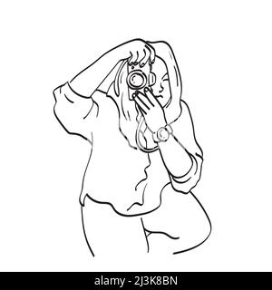 woman shooting with compact camera illustration vector hand drawn isolated on white background line art. Stock Vector