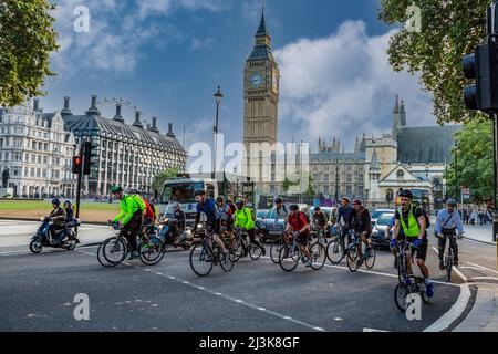 UK, England, London.  Cyclists in Morning Rush Hour, Westminster. Stock Photo