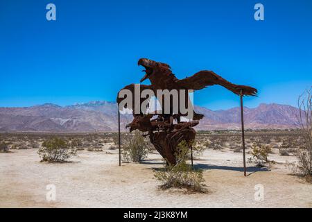 The 'Incredible Wind God Bird' metal sculpture by the artist Ricardo Breceda in the Galleta Meadows in Borrega Springs, California. Stock Photo