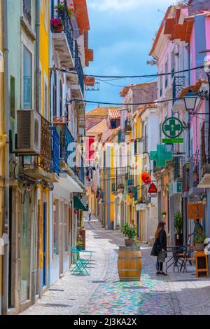 Setubal, Portugal, June 21, 2021: Narrow street of the old town at Portuguese town Setubal. Stock Photo