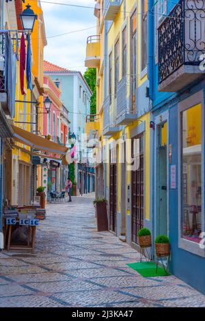 Setubal, Portugal, June 21, 2021: Narrow street of the old town at Portuguese town Setubal. Stock Photo