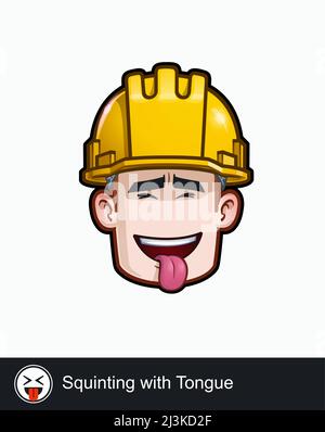 Icon of a construction worker face with Squinting with Tongue emotional expression. All elements neatly on well described layers and groups. Stock Vector