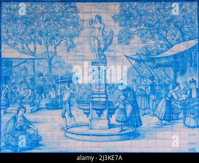 Funchal, Portugal, June 12, 2021: Azulejo mosaic at Mercado dos Lavradores in Portuguese town Funchal. Stock Photo