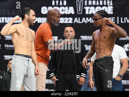 San Antonio, Texas, USA. 8th Apr, 2022. SAN ANTONIO, TX - APRIL 8: (L-R) Azat Hoivchanninsyan (124.2lbs) and Dagoberto Aguero (122.8lbs) face-off for their featherweight fight at the Alamodome Stadium, on April 8, 2022, in San Antonio, Texas, USA (Credit Image: © Mikael Ona/PX Imagens via ZUMA Press Wire) Credit: ZUMA Press, Inc./Alamy Live News Stock Photo