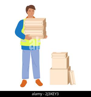 Volunteers with donations volunteering concept. Man handing box with food and clothes, charity young student, altruistic activity. Helping poor refugees Ukraine. Philanthropy, kindness outline vector Stock Vector